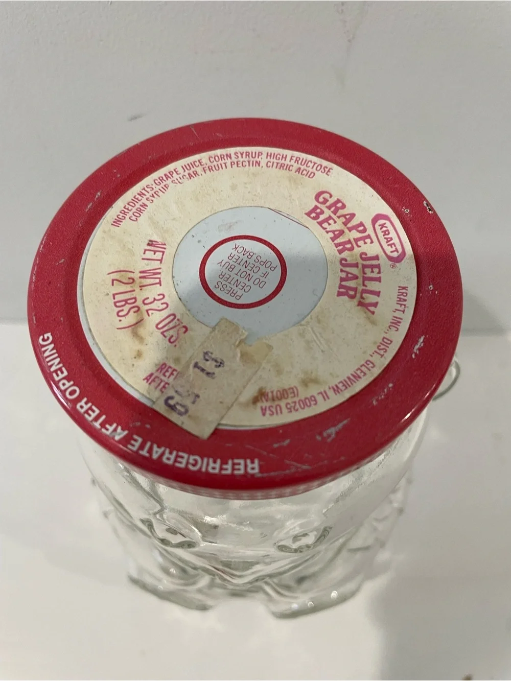 Vintage Kraft Teddy Bear Grape Jelly Jar Clear Glass 6” Tall 32 OZ Cottagecore
